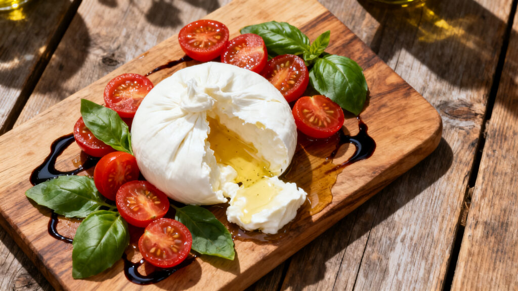 Burrata con pomodorini taze burrata peyniri ve kokulu domateslerle hazirlanan nefis bir italyan mezesi 1783947945