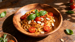 Pasta alla Trapanese Tarifi: Sicilya Usulü Çiğ Domates ve Badem Pesto ile Yaz Makarnası